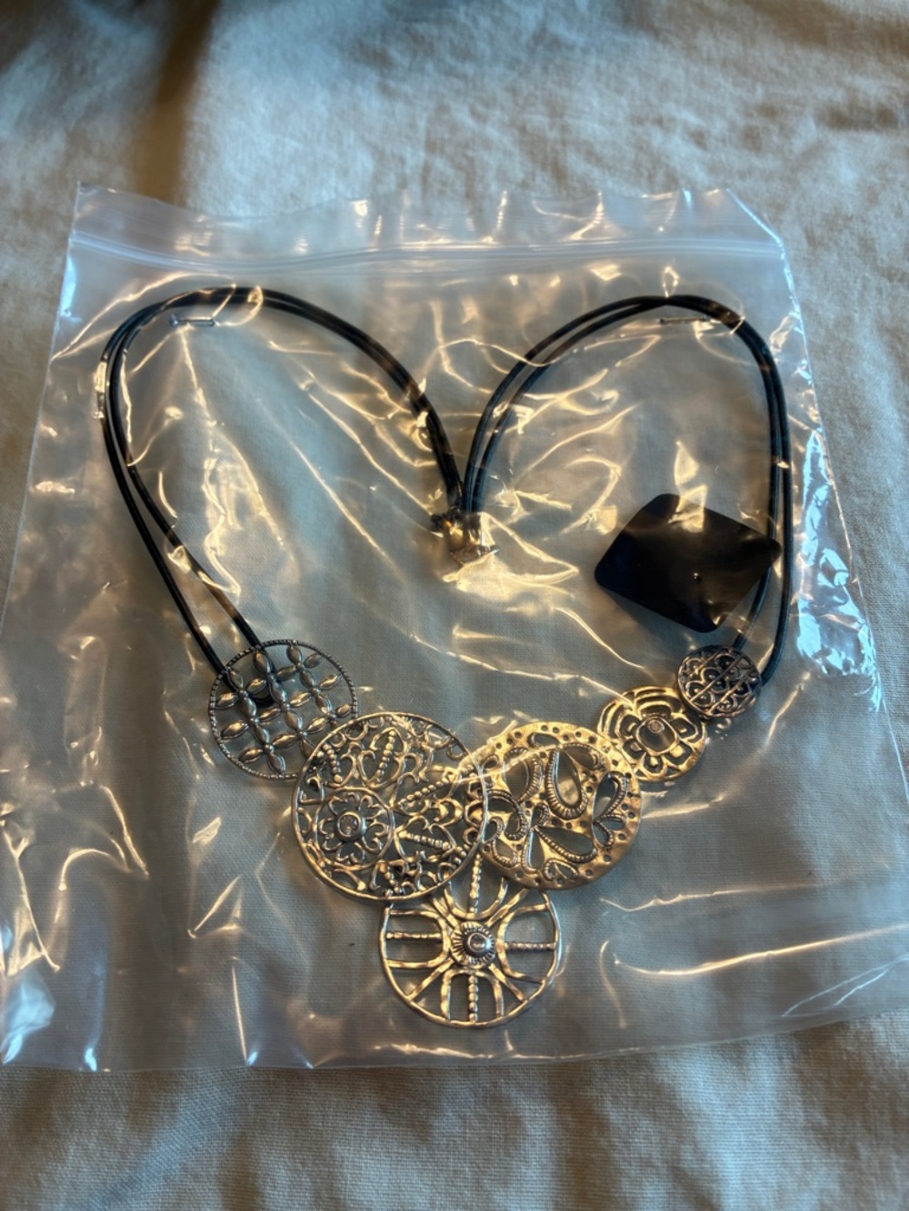 Silver sterling silver Filigree Medallion Necklace on leather cor- Women Jewelry